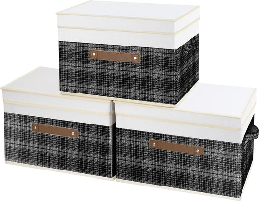 TYEERS Collapsible Storage Bins with Lids, Patchwork Design, Washable, Fabric Storage Boxes, 14.9x9.8x9.8 inches, 3 Pack, Black