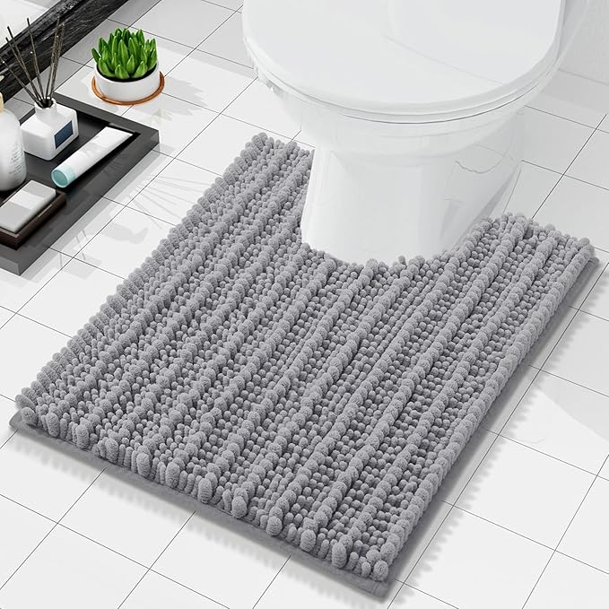 Arotive Luxury Chenille Toilet Rugs U-Shaped, Extra Soft Thick Absorbent Bathroom Mat, Non-Slip Shaggy Plush Contour Rugs, Machine Wash Dry Bath Mat for Toilet Base, 24x24, Grey