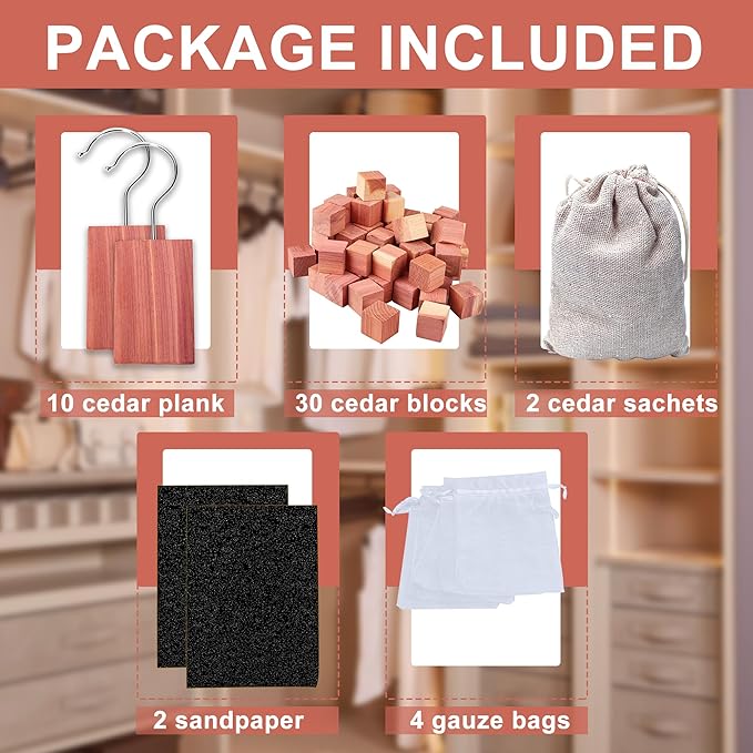 (48pcs) Natural Cedar Wood Cedar Blocks, CedarHanging Chips and Aromatic CedarSachets Moth Protection for Closet Drawers and Wardrobe, CED-ar Blocks for Clothes Storage