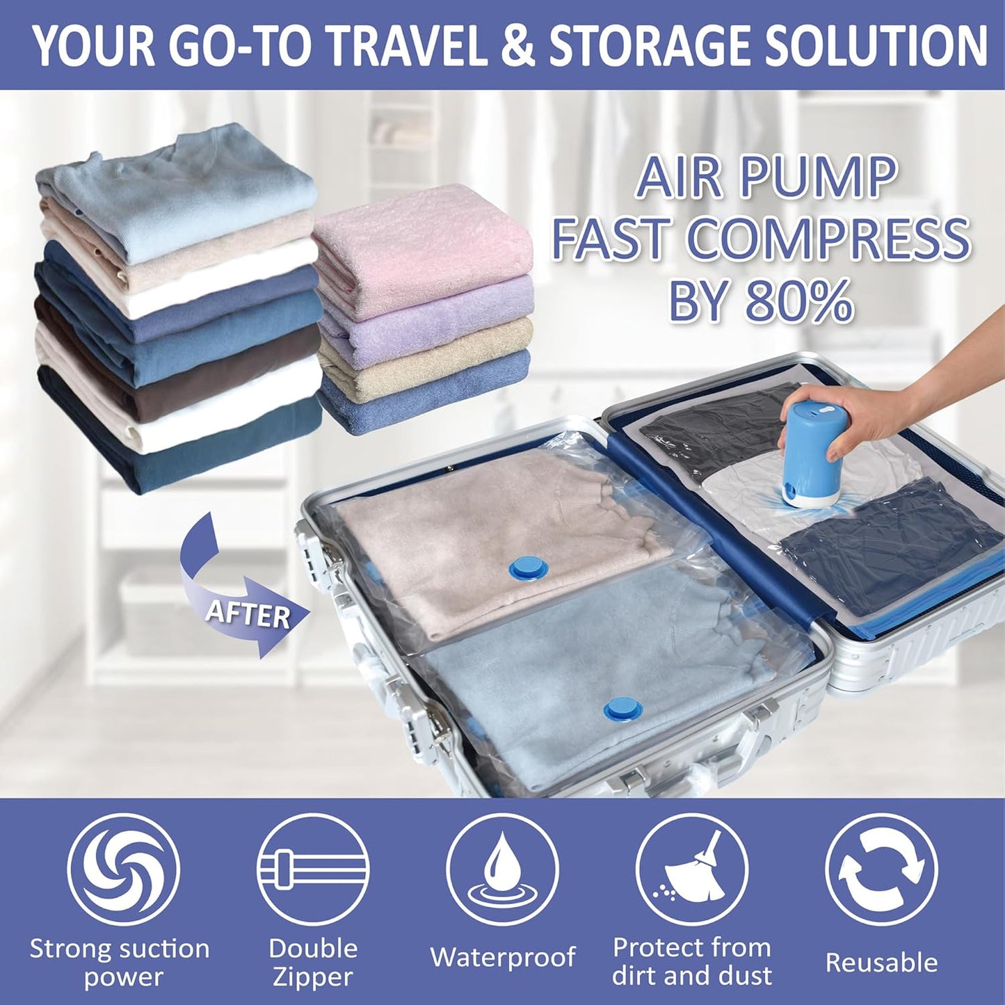 Cozy Essential 15 Pack Travel Vacuum Storage Bags with Portable Electric Pump, Suitase Vacuum Seal Space Saver Bags for Clothing and Luggage Compression