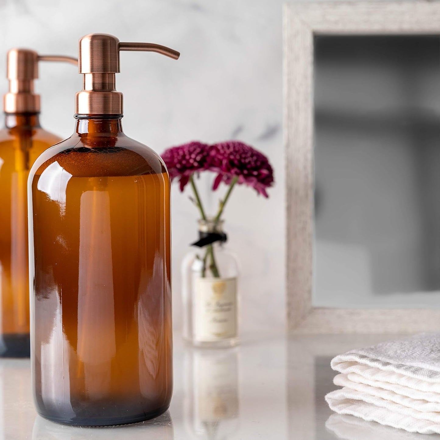 Kitchentoolz Large Pump Bottle - 32 Ounce Glass Shampoo and Soap Dispenser - Amber