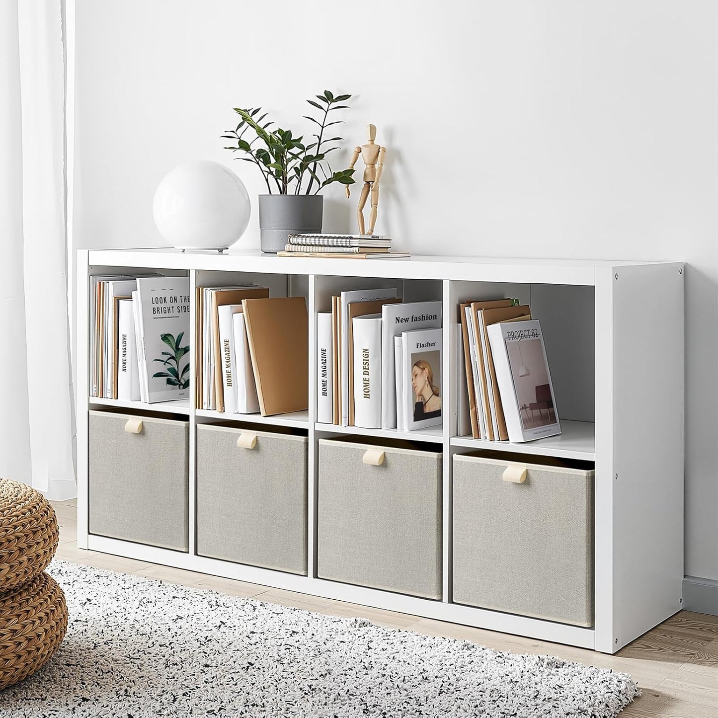 Storage Baskets, 11.8-Inch Woven Fabric Bins, Storage Cubes with Reinforced Handles, Organizer Bins for Closet Shelves, Foldable, for Toys, Clothes, Natural Beige (4PCS/Beige-11.8*11.8*11.8inch)