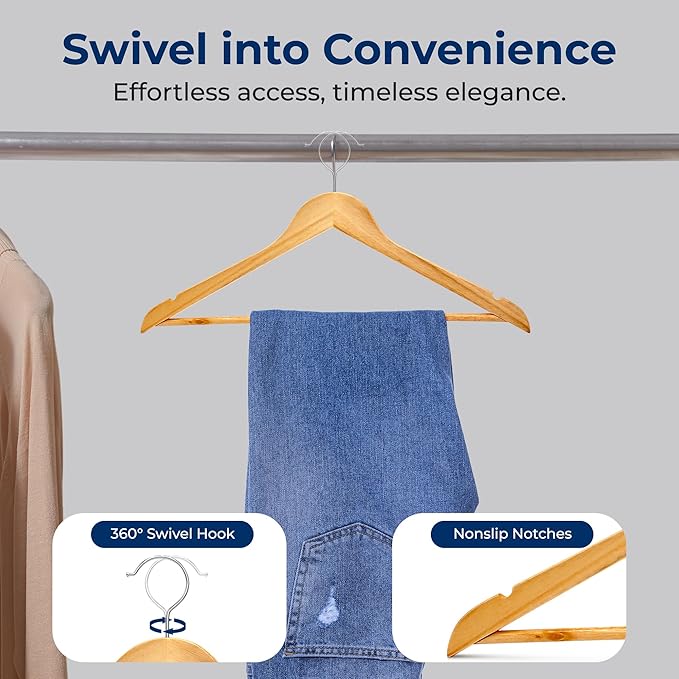 SereneLife Solid Wooden Hangers, Mega Pack, 60 Pieces Hangers for Clothes, Heavy Duty Suit Hanger Set with Chrome 360 Degree Swivel Hook, Notched Design, Natural Wood Color