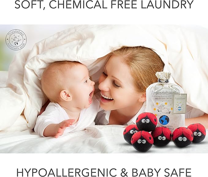 Friendsheep Wool Dryer Balls, Organic Reusable Fabric Softener Alternative for Laundry, Handmade, Fair Trade, Hypoallergenic, Eco-Friendly, Plastic-Free (6 Pack XL – Ladybugs)