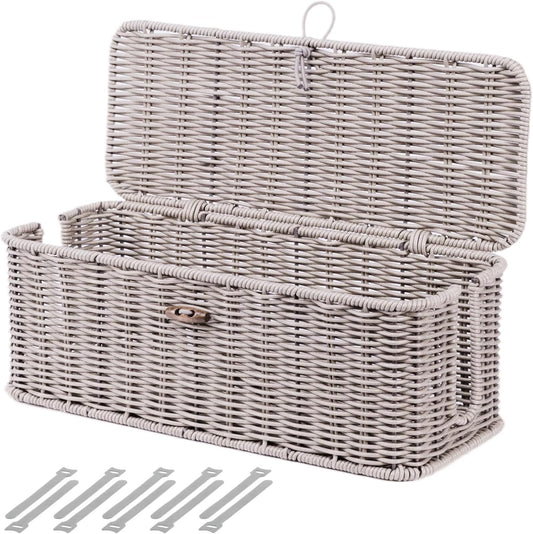 BROWNLILY Cable Management Box, Rattan Style Cord Organizer for Desk Cord Hider Outlet Covers Baby Proofing for Power Strip TV PC Router Charger Under Desk Storage with Lockable Lid and Cable Ties