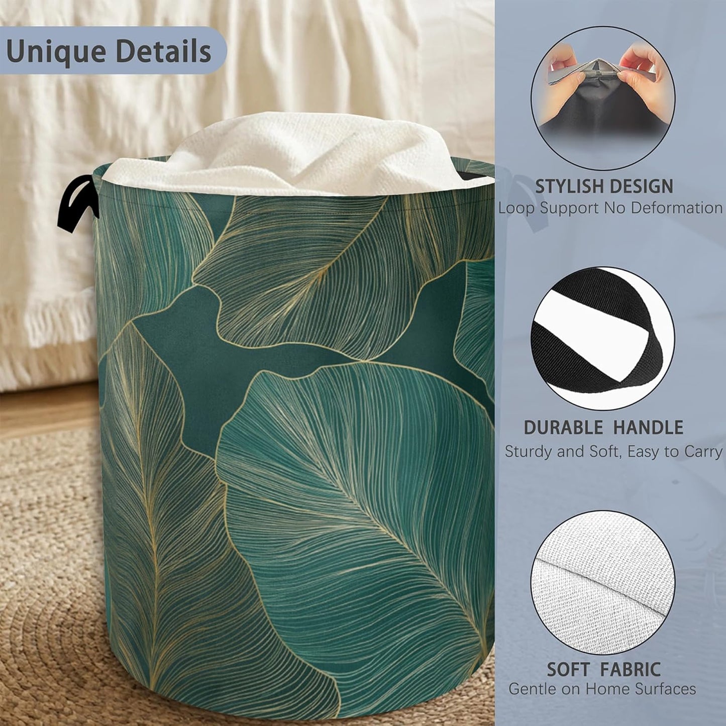 Palm Leaf Golden Laundry Hamper,Tropical Dirty Clothes Laundry Basket with Handles Waterproof Oxford Cloth Storage Basket for College Dorms Bathroom Bedroom 16" x 20.8"
