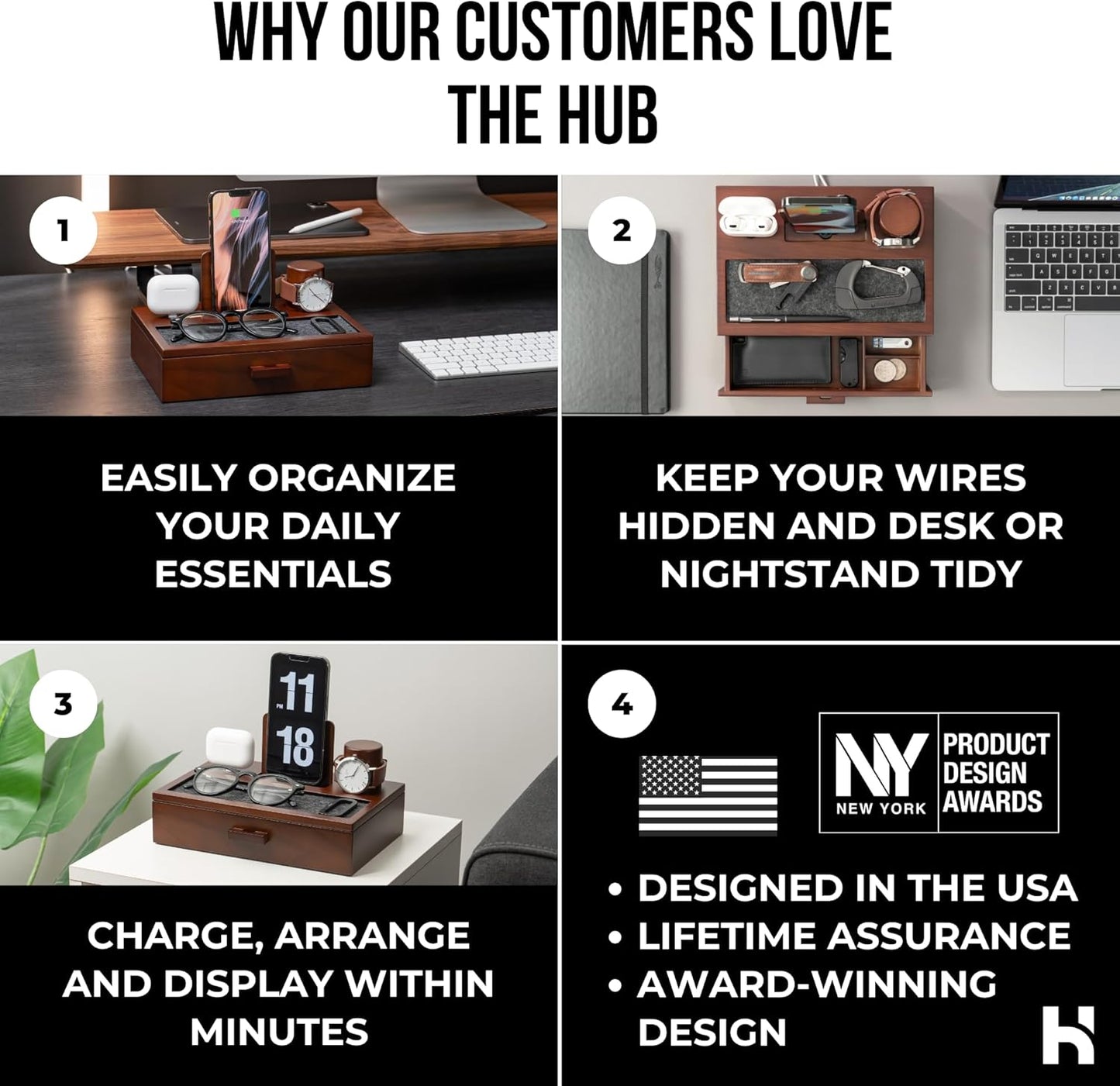 Holme & Hadfield Premium Wooden Phone Docking Station with Drawer – Nightstand Organizer for Charging Phone & Earbuds – Declutter Your Space with Felt-Lined Protection & Watch Pillar - Gift For Men