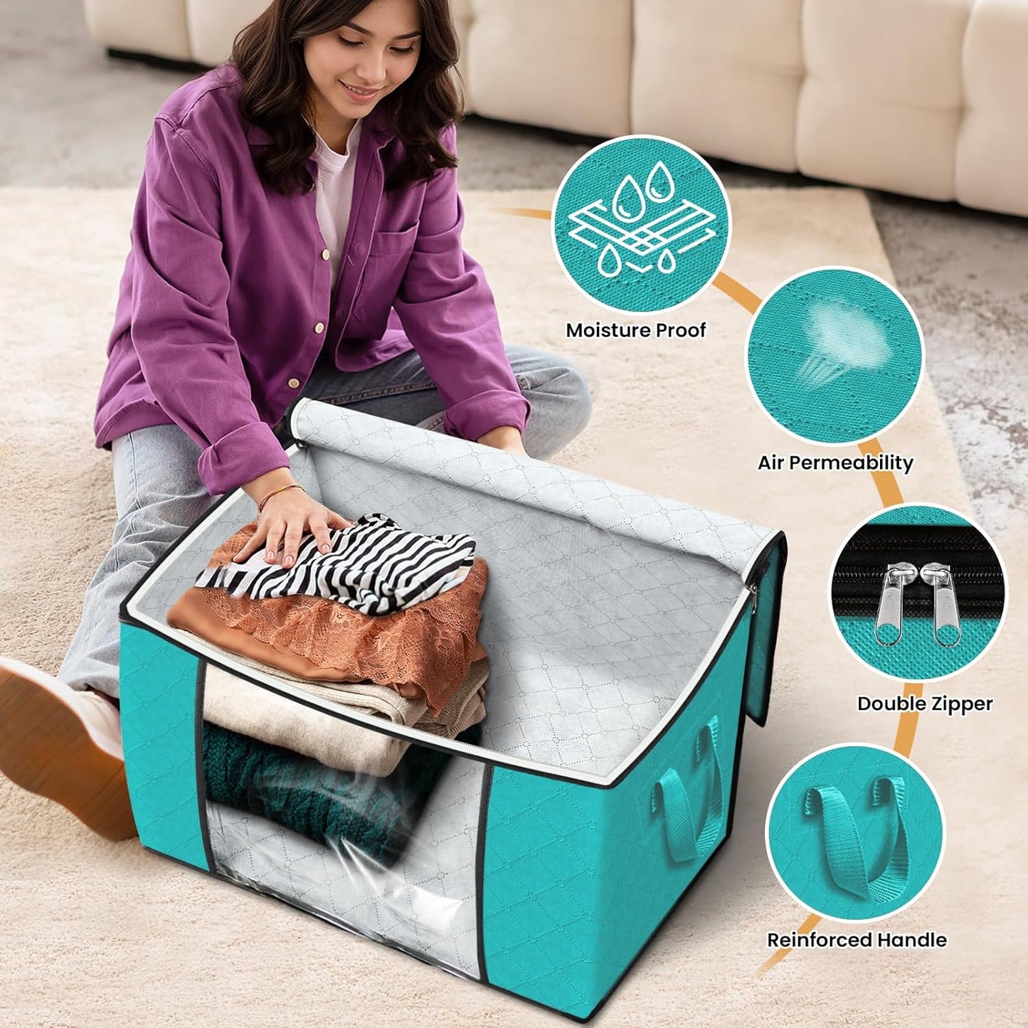 Fab totes 24 Gallons Clothes Storage, Foldable Thick Fabric Blanket Storage Bags, Containers for Organizing Bedroom, Closet, Clothing, Comforter, Organization with Handle (10 Pack,Green)