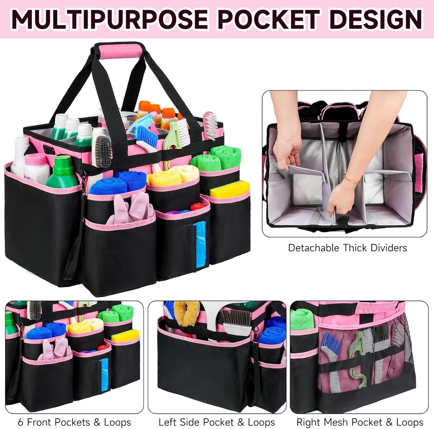 Large Rolling Cleaning Caddy Bag with Detachable Trolley,Cleaning Cart on Wheels with Shoulder Strap,Cleaning Supplies Organizer for Housekeepers,PInk