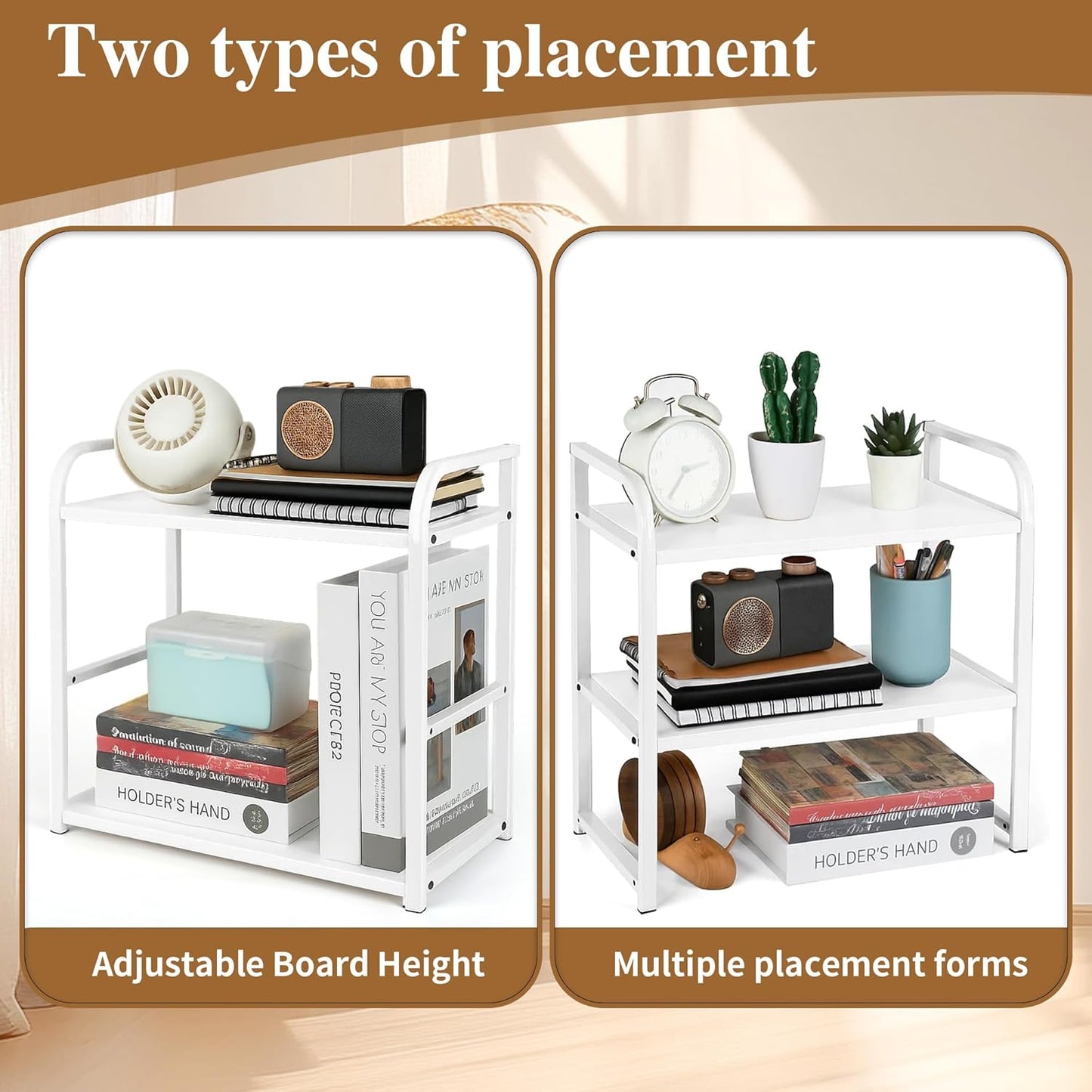 Desktop Shelf Organizer, 2-Tier Office Desk Shelf for Top of Desk, Wood & Metal Bookshelf Supplies Storage Rack (White)