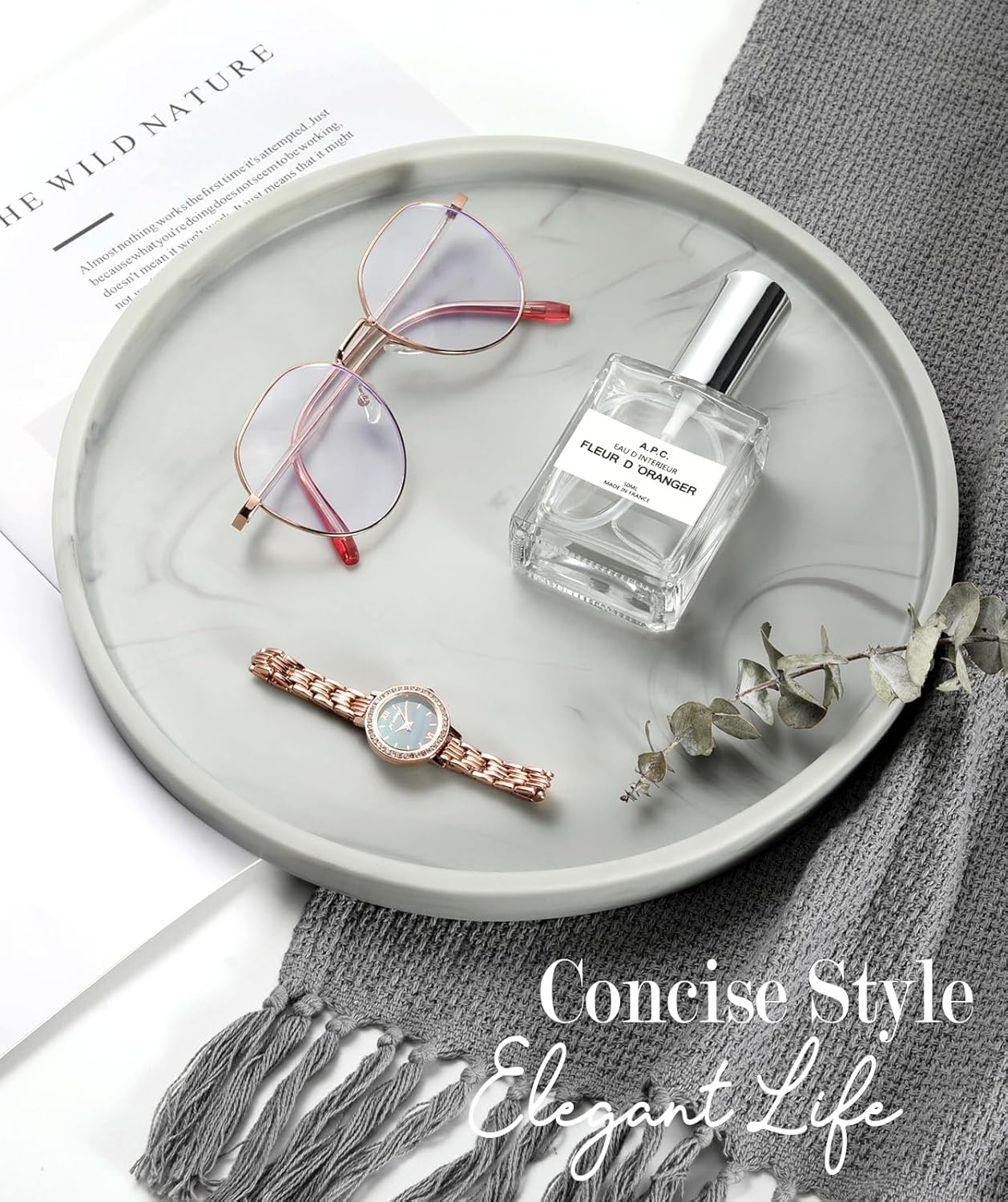 Emibele Vanity Tray, Resin Round Tray Decorative Storage Organizer for Bathroom Toilet Tank Bedroom Kitchen Countertop, Jewelry Storage Dresser for Candle,Lotion Bottle,Cosmetics, Matte Ink Grey