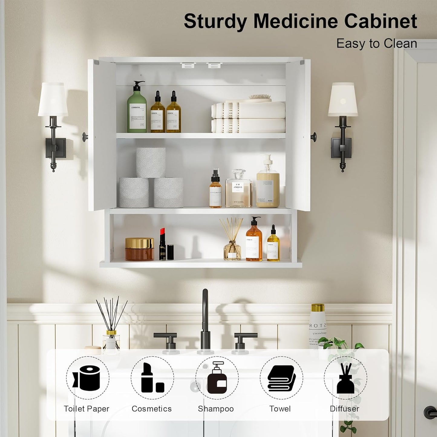 Medicine Cabinet for Bathroom,2 Doors White Bathroom Wall Cabinet with Arched,Over Toilet Storage Cabinet for Laundry Room/Kitchen/Living Room,Surface Mount Medicine Cabinets 23x24