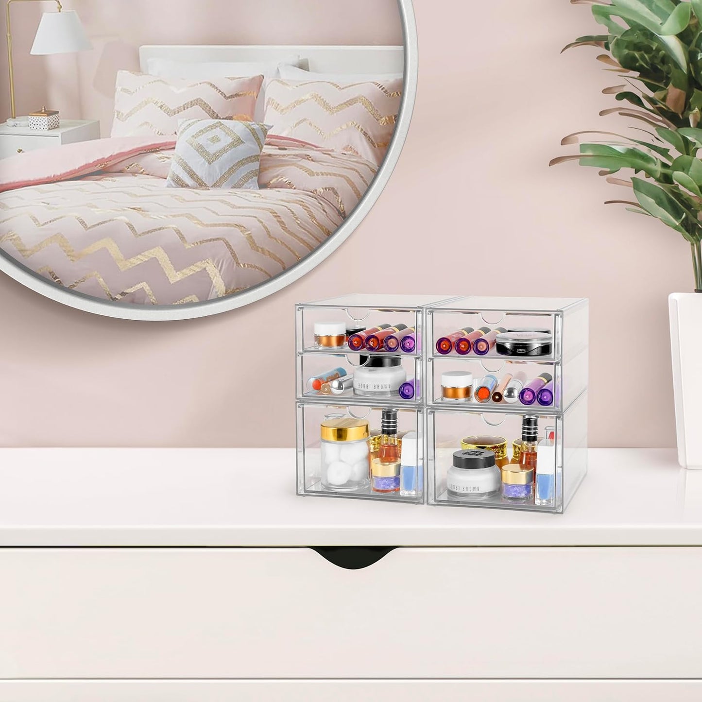 Sorbus Makeup Organizer With 6 Drawers, Acrylic Drawer Organizer for Makeup, Office Organization and Storage, Art Supplies, Jewelry, Stationary - 4 Pcs Clear Stackable Storage Bins Organizer Drawers