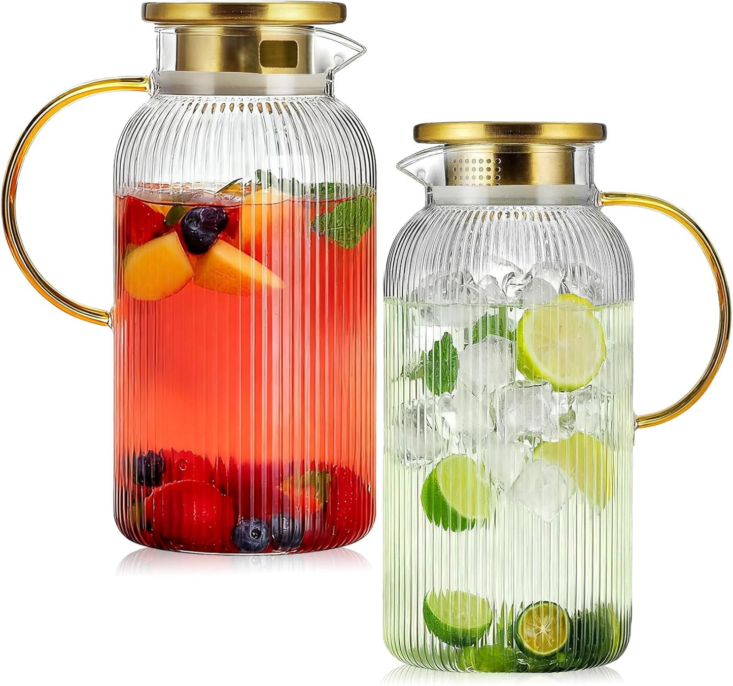 2 Pack Glass Pitcher with Lid, 68 oz/2 Liter Vertical Stripe Round Pitcher with Handle, Heat Resistant, Suitable for Refrigerator Storage, Iced Tea, Coffee, Lemonade, Juice, and Beverage Container