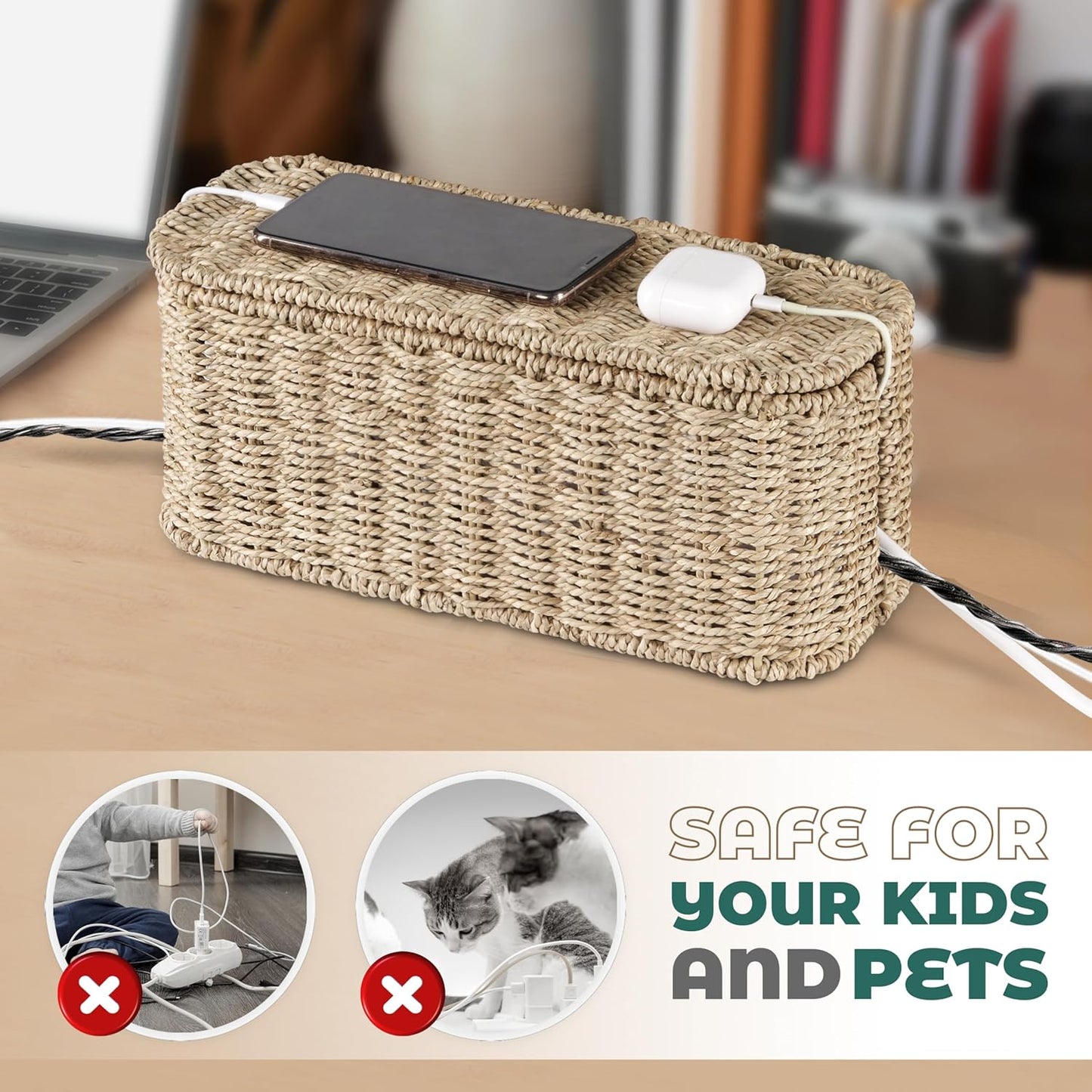 BLUEWEST Large Cable Management Box, Natural Rattan Cable Cord Organizer Boxes for Power Strip – 2 Open Slots Cords Hider Box for TV Wires, Computer, Router, USB Hub and Under Desk Power Strip