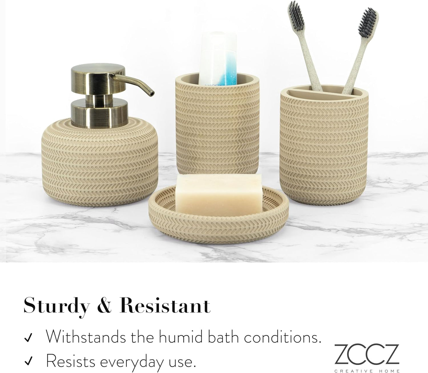 ZCCZ Beige Bathroom Accessories Set 4 Pcs - Toothbrush Holder, Soap Dispenser, Vanity Tray, Tumbler - Countertop Organizer for Bathroom Decor - Stylish and Functional Accessory Set for Home