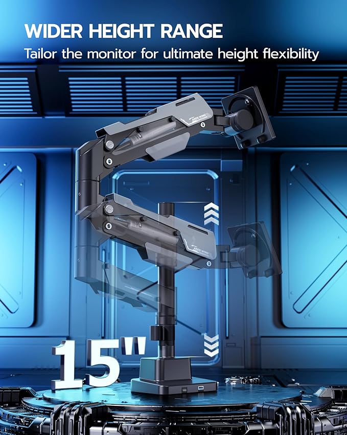 ARES WING Single Monitor Mount with USB, Ultrawide Monitor Arm for 24 to 57 Inch Heavy Duty Curved Screen, Adjustable Gas Spring Monitors Arm Stand up to 66LBS with 75/100/200 Vesa Mount, Black