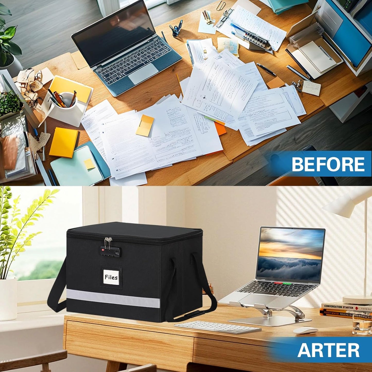 File Box with Lock 2 Pack - Portable File Box with Handle, Sturdy Important Document Organizer with Label, Slide, Reflective Strip for Hanging Letter/Legal Folder