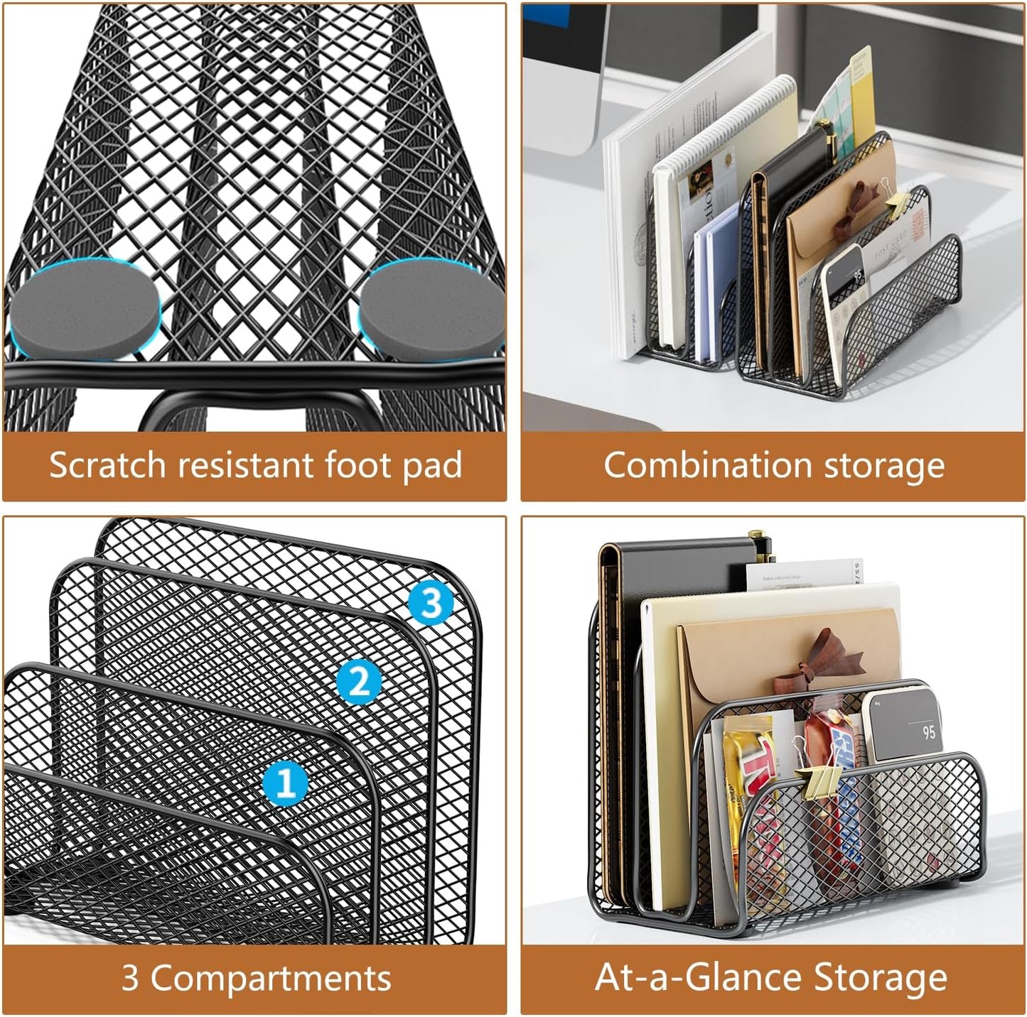 gianotter Mail Organizer Countertop, Metal File Holder with 3-Slot, Bill Organizer for Office Receipts and Letter Paper Storage (Black)
