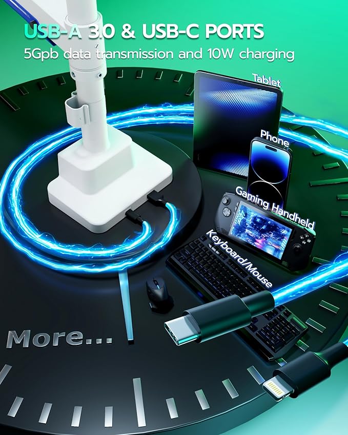 ARES WING Single Monitor Mount with USB, Ultrawide Monitor Arm for 24 to 57 Inch Heavy Duty Curved Screen, Adjustable Gas Spring Monitors Arm Stand up to 66LBS with 75/100/200 Vesa Mount, White