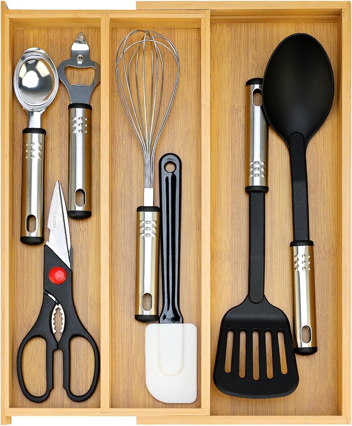 Large Bamboo Silverware Drawer Organizer Tray Kitchen Tool Drawer Divider Organizers Storage Expandable Cooking Utensil Organizer Wooden Cutlery Tray Spoon Flatware Organizers Utensil Holder Drawers