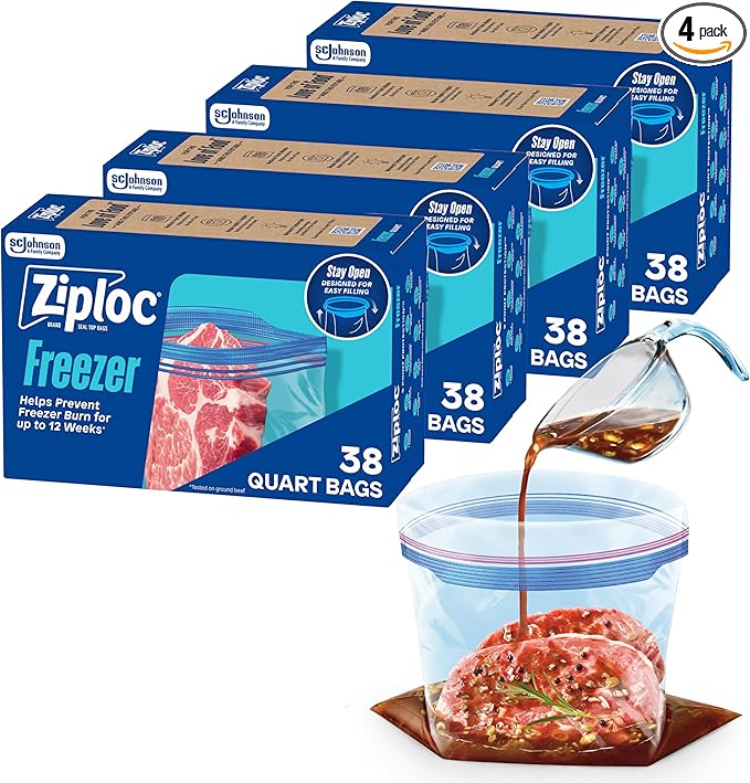 Ziploc Quart Food Storage Freezer Bags, 152ct Total, Stand-Up Bottom, Easy to Fill, 38 Count, 4 Pack (Packaging May Vary)
