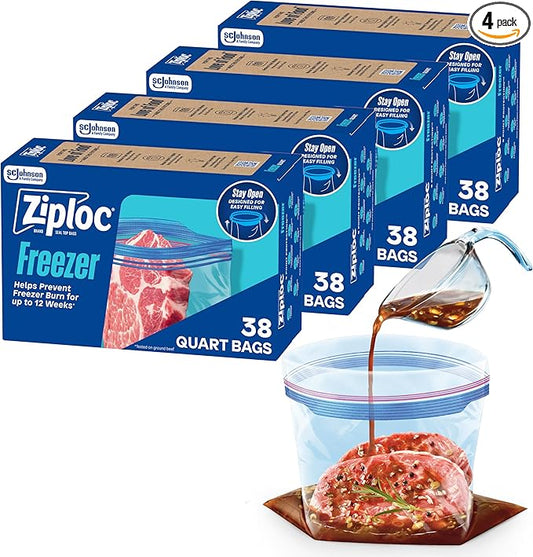 Ziploc Quart Food Storage Freezer Bags, 152ct Total, Stand-Up Bottom, Easy to Fill, 38 Count, 4 Pack (Packaging May Vary)