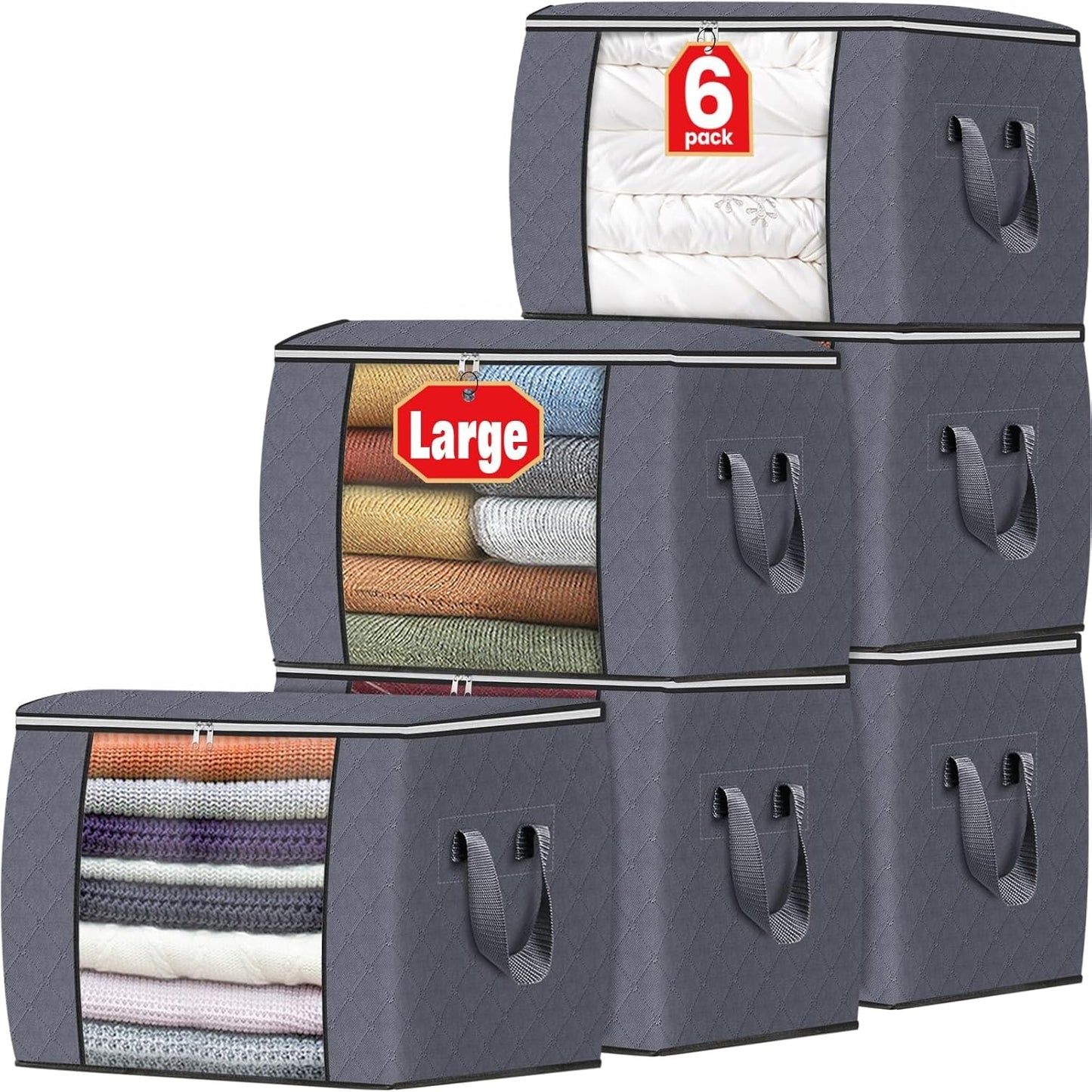 Fab totes 24 Gallons Clothes Storage, Foldable Thick Fabric Blanket Storage Bags, Containers for Organizing Bedroom, Closet, Clothing, Comforter, Organization with Handle (6 Pack,Grey)