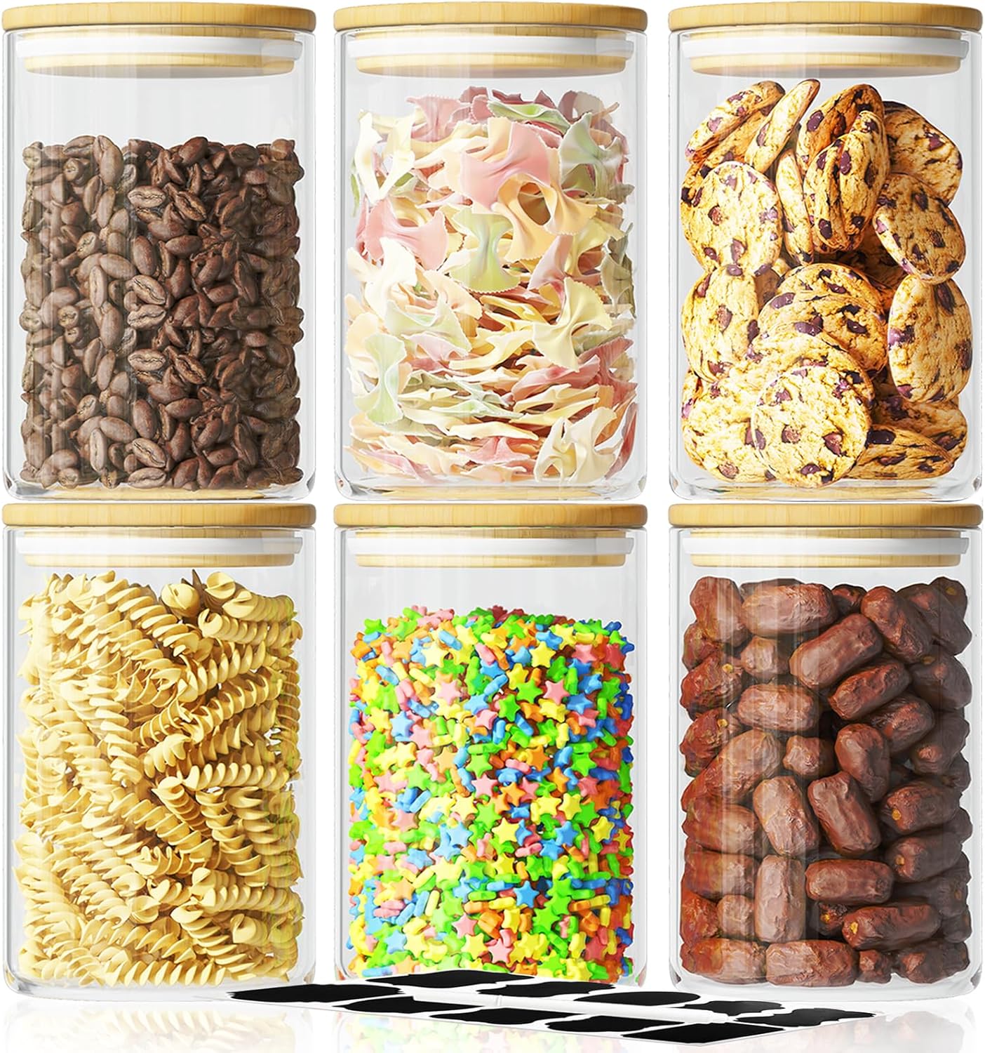 6 Piece Glass Storage Jars Set with Airtight Bamboo Lids and Labels, 37oz/1100ml Glass Spice Jars Food Storage Containers for Home Kitchen,Pantry, Tea, Sugar, Salt, Coffee, Flour, Herbs, Grains