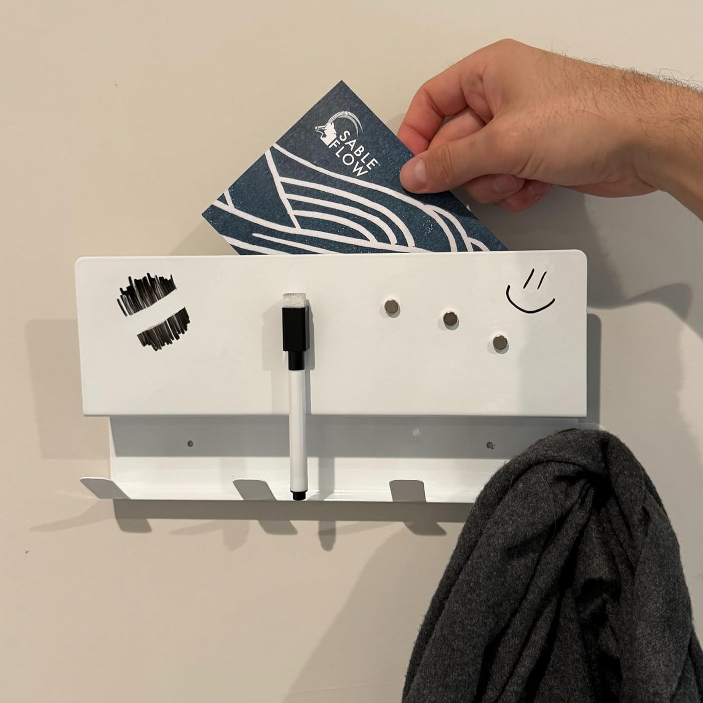 4-Hook Wall Organizer with Whiteboard - Keys, Mail, Coat Hanger for Home & Dorm. Includes Marker & Magnets- Sable Flow