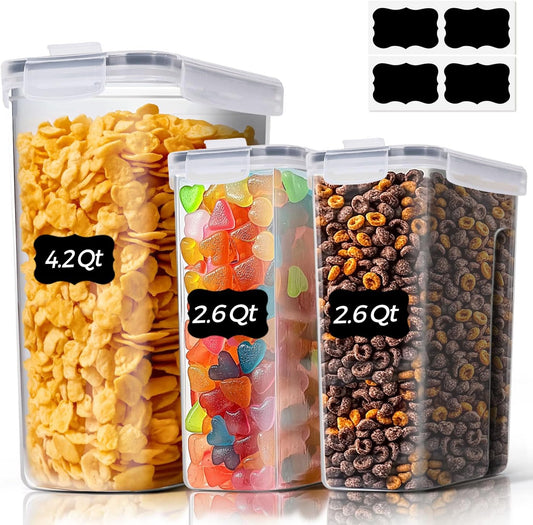 ComSaf 3 PCS Cereal Storage Containers Set, Airtight Food Containers with lid for Rice Pet food, Medium & Small Cereal Dispenser for Kitchen Pantry Organization (4L + 2.5L×2)