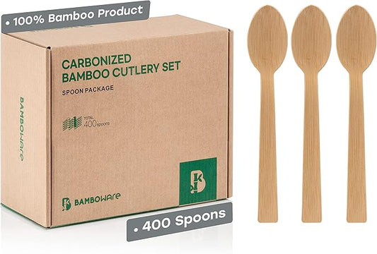 100% Bamboo Utensils - 400 Carbonized Spoons Disposable Cutlery Biodegradable and Sanitized - Heavy Duty & Fully Functional