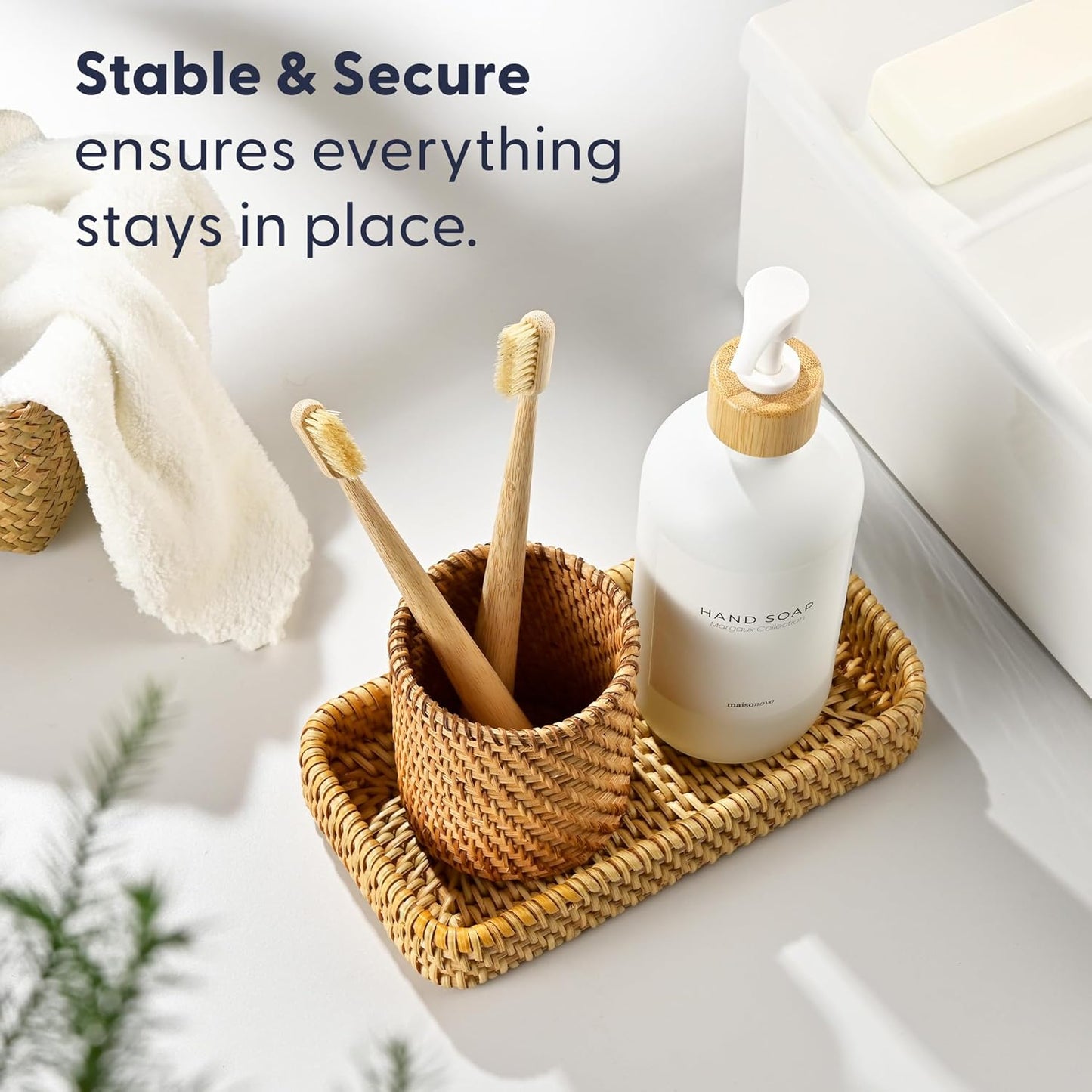 MaisoNovo Rattan Bathroom Set - White Countertop Dispenser, Toothbrush Holder & Toothpaste Cup with Tray - Set of 3 - Rattan Bathroom Vanity Trays Rectangle for Storage