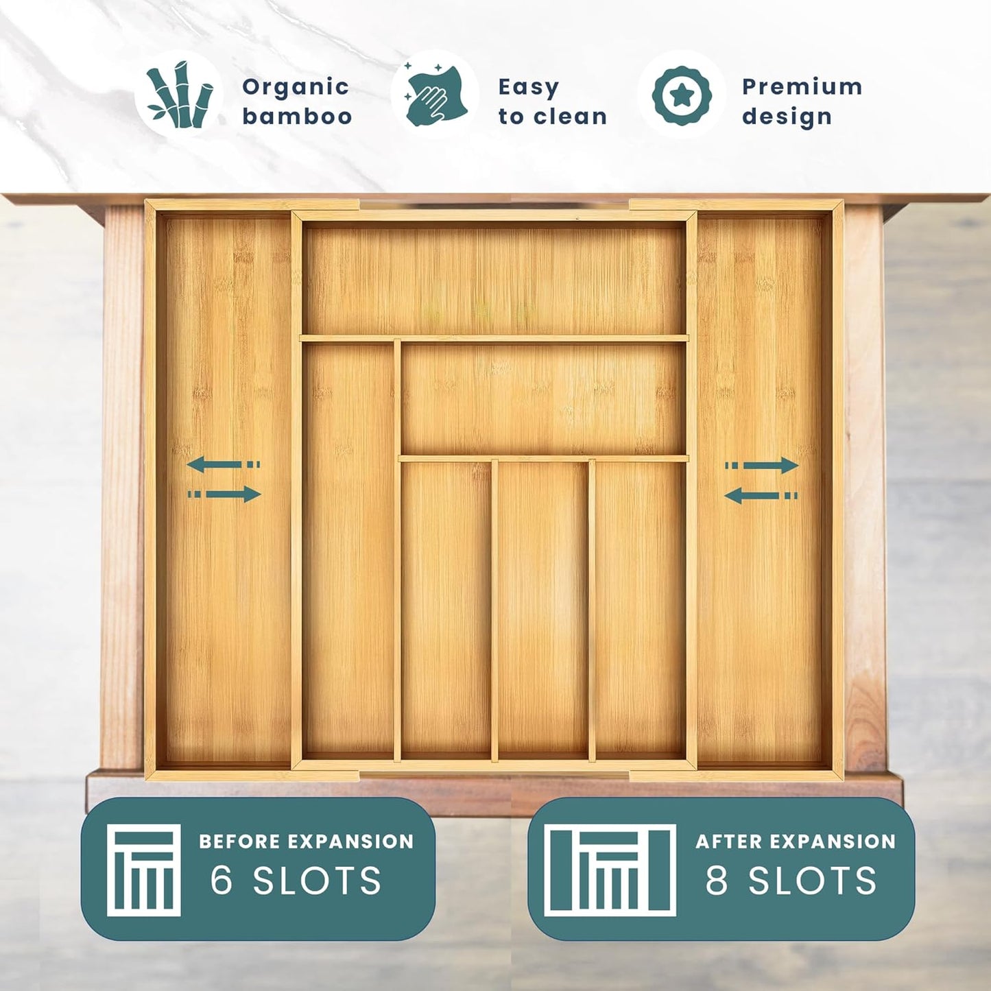 Sben Expandable Drawer Organizer for Utensils Holder, Adjustable Cutlery Tray, Wood Drawer Dividers Organizer for Silverware, Flatware, Knives for Kitchen (Bamboo)