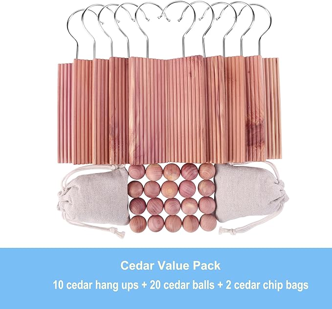 Cedar Blocks for Clothes Storage, Hang Ups 10pcs Cedar Balls 20pcs and Chip Bags 2pcs for Closet Storage Totally 32PCs