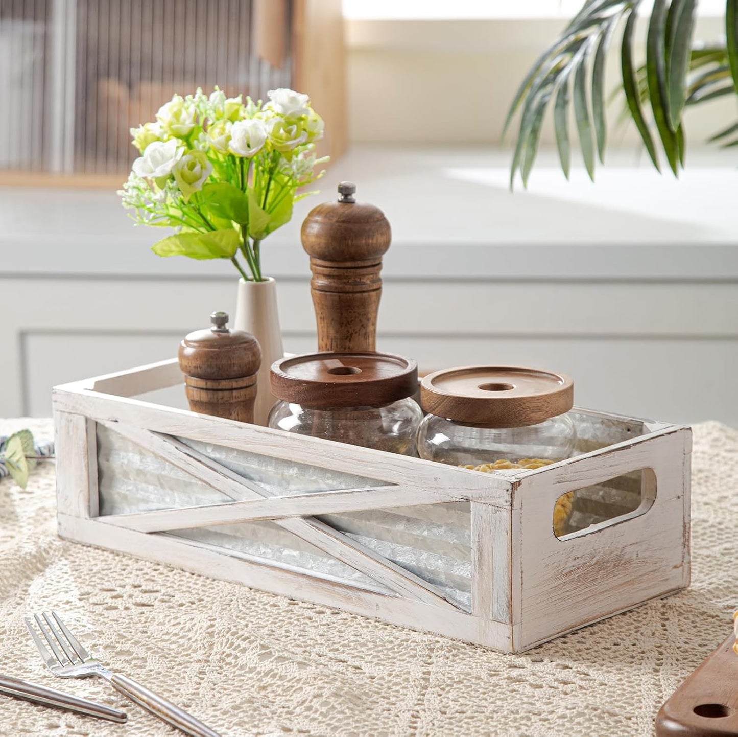 Wooden Toilet Tank Basket, Rustic Bathroom Decor Box, Farmhouse Toilet Paper Organizer Holder, Decorative Bathroom Storage Basket, Barn Door (Whitewash)