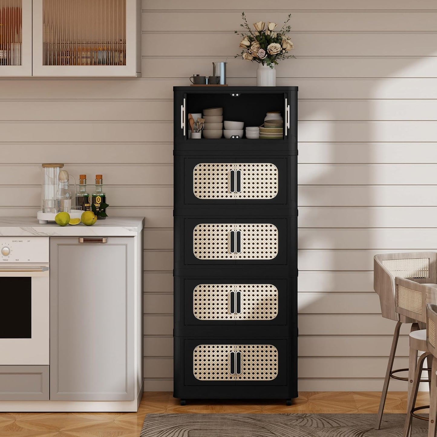 Holaki 195 QT Storage Bins with Lid, 5 Tiers Collapsible Plastic Storage Bins Storage Cabinet Box with Wheels and Magnetic Door for Home Closet Organizers(Retro Black)