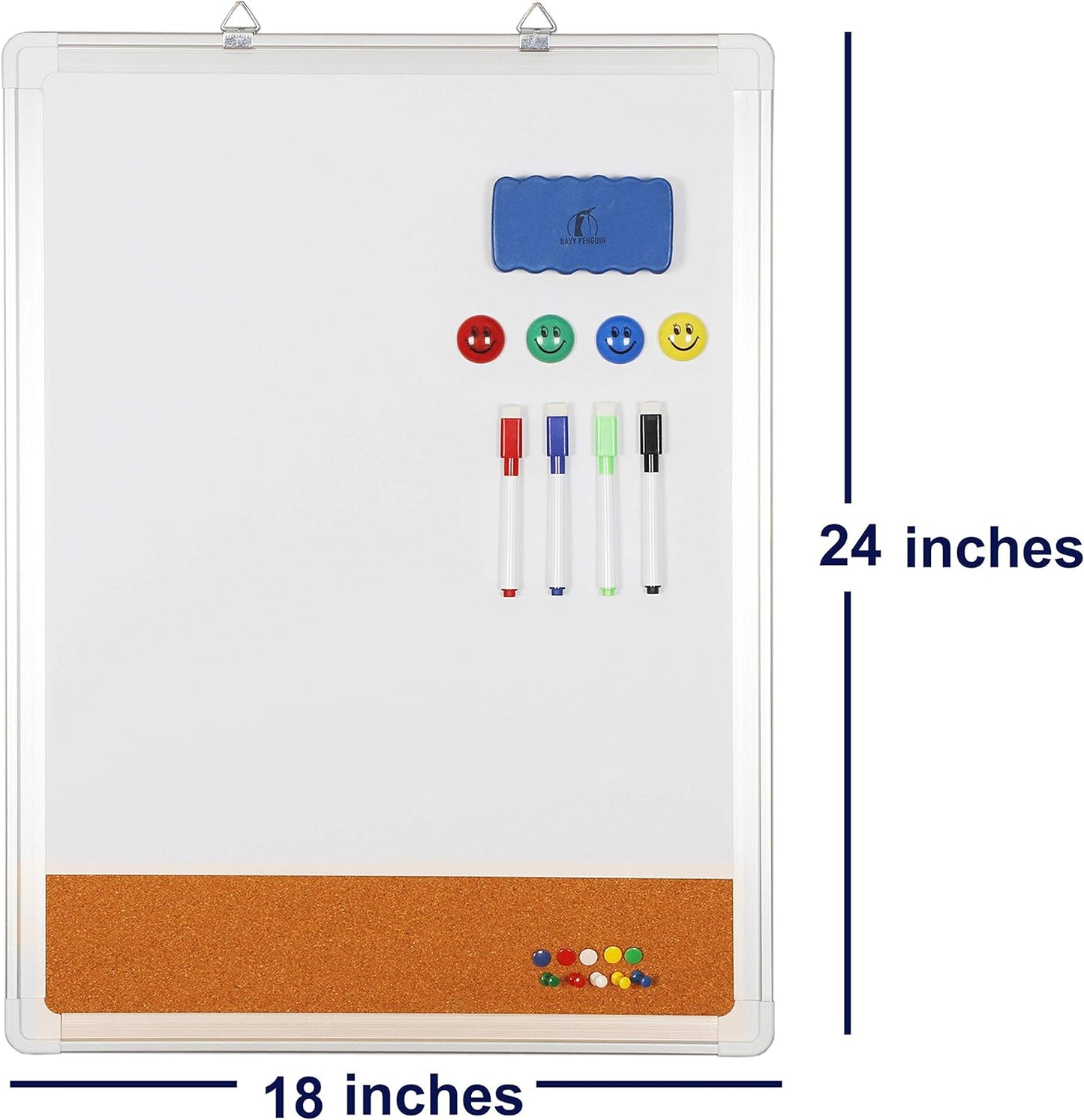 White Board Cork Board Combo - 18x24 in Dry Erase Board with Cork and 1 Magnetic Eraser, 4 Dry Wipe Markers, 4 Magnets and 10 Pins - Wall Hanging Whiteboard with Corkboard for Home and Office