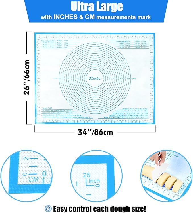 Extra Large Silicone Pastry Mat 34x26 Inch - Nonstick Baking Mats with Measurements, Great for Dough Rolling, Pastry, Pie Crust, Fondant, Cookies, Bread, Pasta, Pizza, Counter Mat
