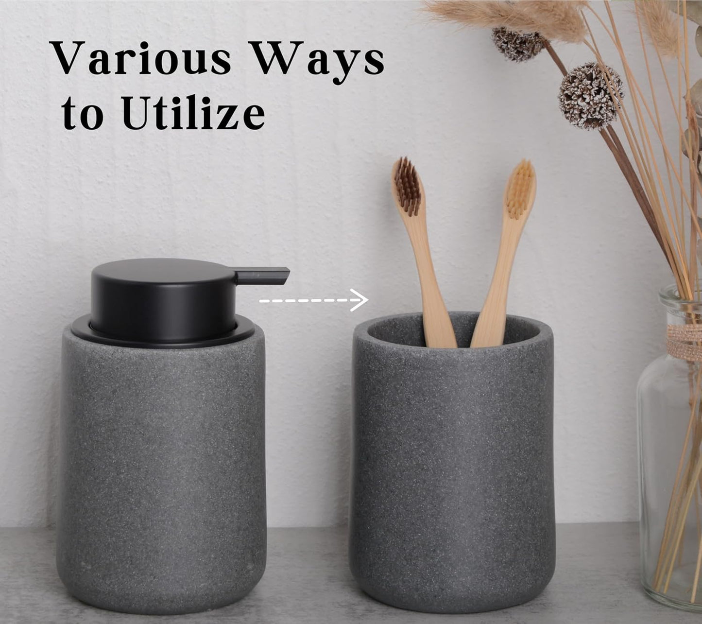 Resin Hand Soap Dispenser with Easy-to-Press Pump, Refillable Liquid Soap Dispenser with Sandstone Like Finish, Waterproof Bottle Labels for Bathroom Kitchen Dish Lotion (Gray, 10 oz)