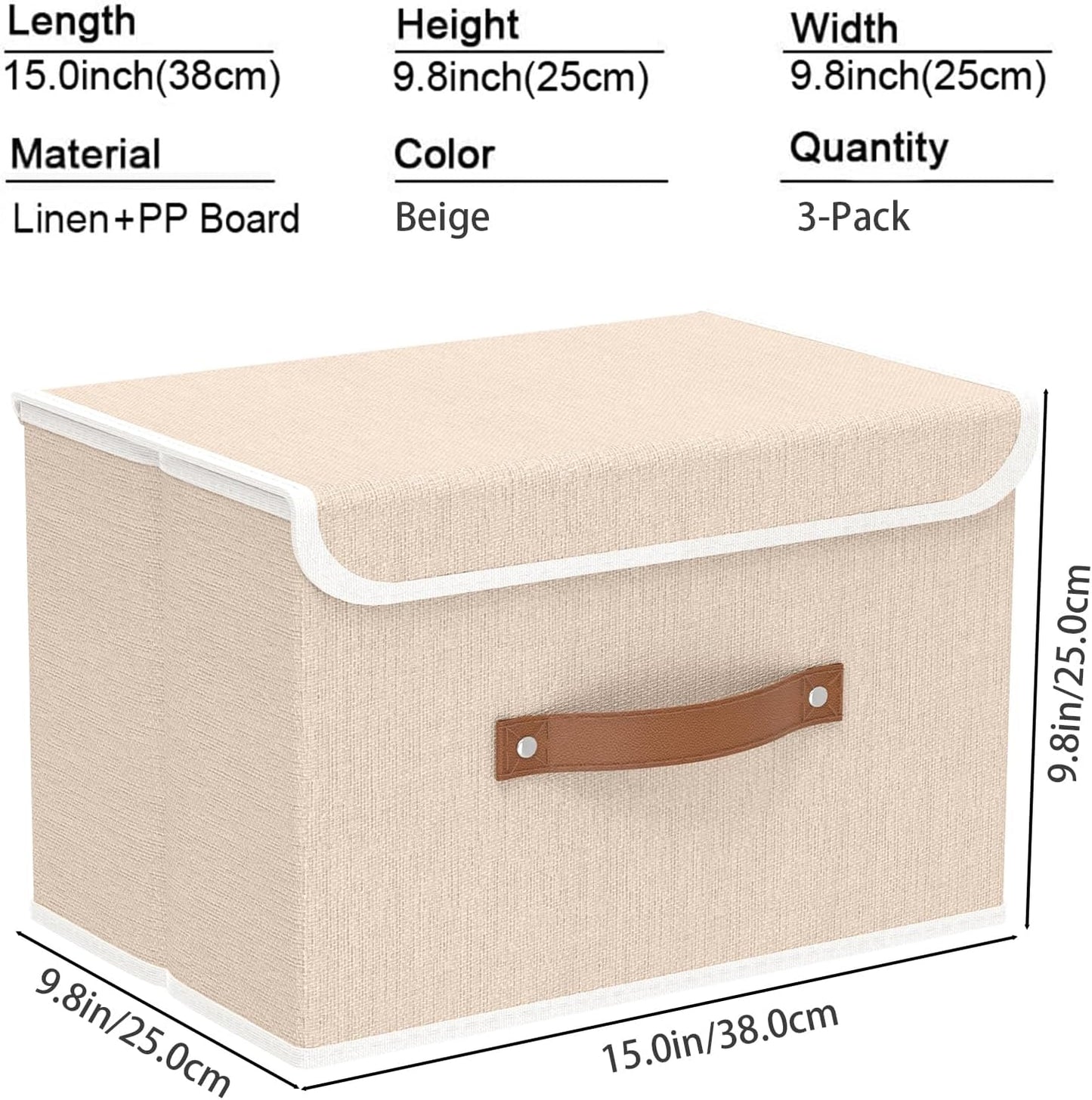 Yawinhe Collapsible Storage Boxes, Linen Fabric Baskets, Bin with lid and Leather Handle, Washable, for Home, Closet, Beige, 15.0''Lx9.8''Wx9.8''H, 3-Pack, USNK024BEL-3