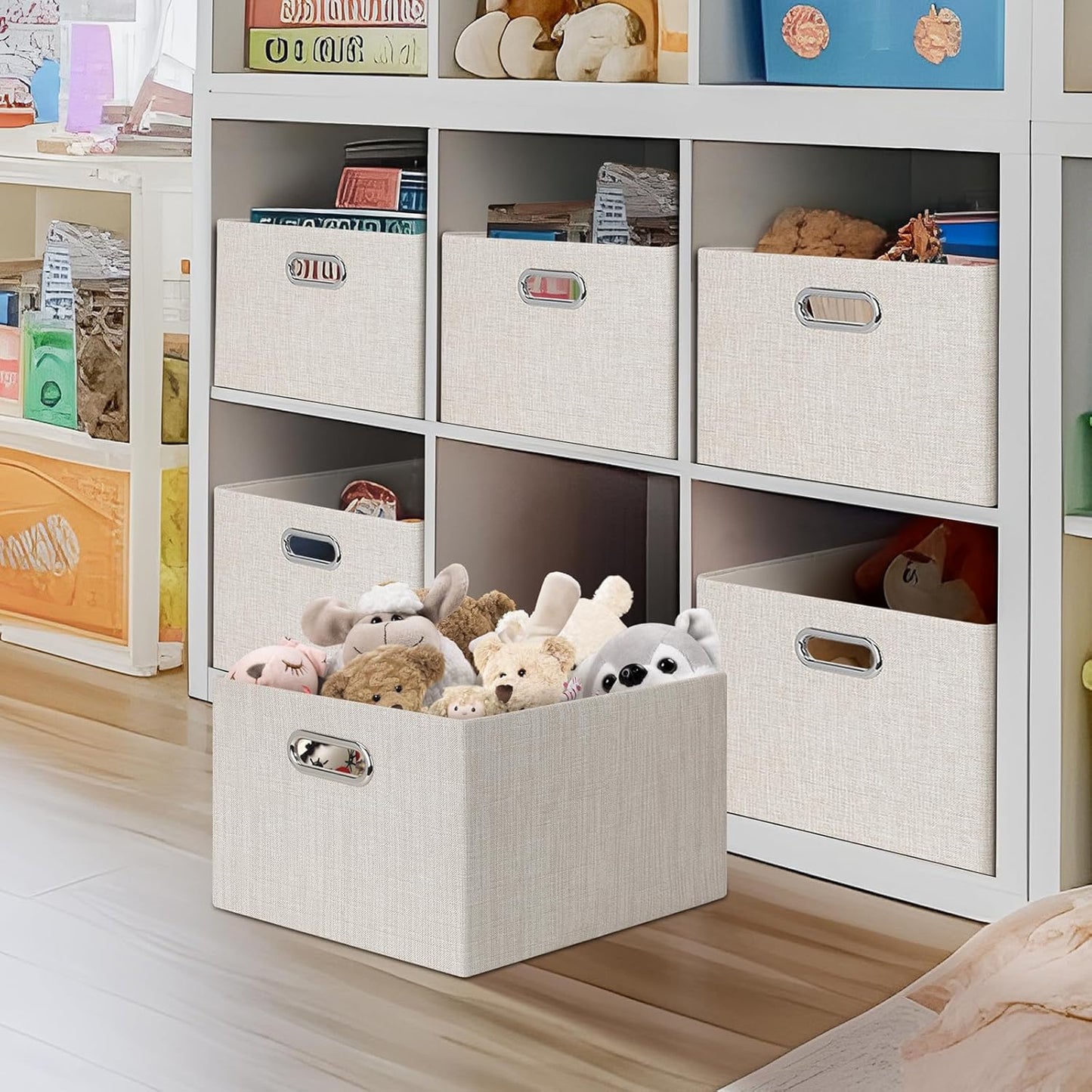 Posprica Closet Storage Bins, 4 Pack Closet Shelf Organizers, Linen Fabric Decorative Storage Baskets for Organizing, Foldable Storage Box for Clothes, Toy, 15x10.5x8.25 Inch (Beige)