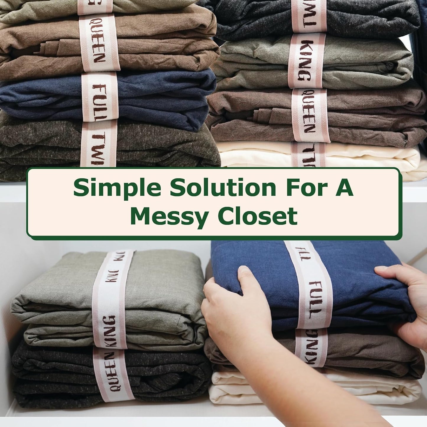 ECOHomes Bed Sheet Organizer and Storage Size Label Bands | Bed Sheets Set Organizers for Linen Closet Organization - Elastic Bedding Band Labels for Organizing Bedsheet (King 2PCs Pack | Cream)