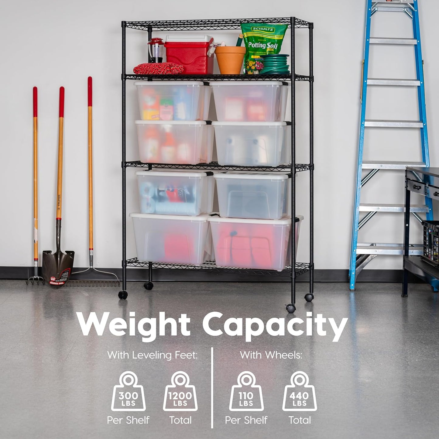 IRIS USA 4-Tier Shelves, 48"L x 18"W x 73"H (Up to 1200 lb), Adjustable Garage Shelving Heavy Duty, Metal Storage Shelves Wire Rack, Removable Locking Wheel, Shed Office Kitchen Garage Organizer Shelf