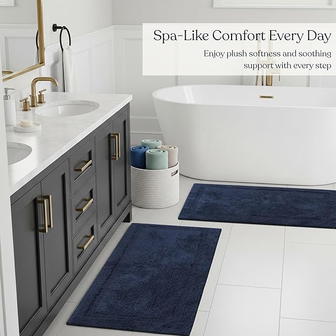 Delara Organic Cotton Reversible Bath Mat – 3000 GSM, GOTS Certified, Ultra-Thick & Super Absorbent | Soft, Plush & Quick-Drying Bathroom Rug (Navy Blue, 24x44)