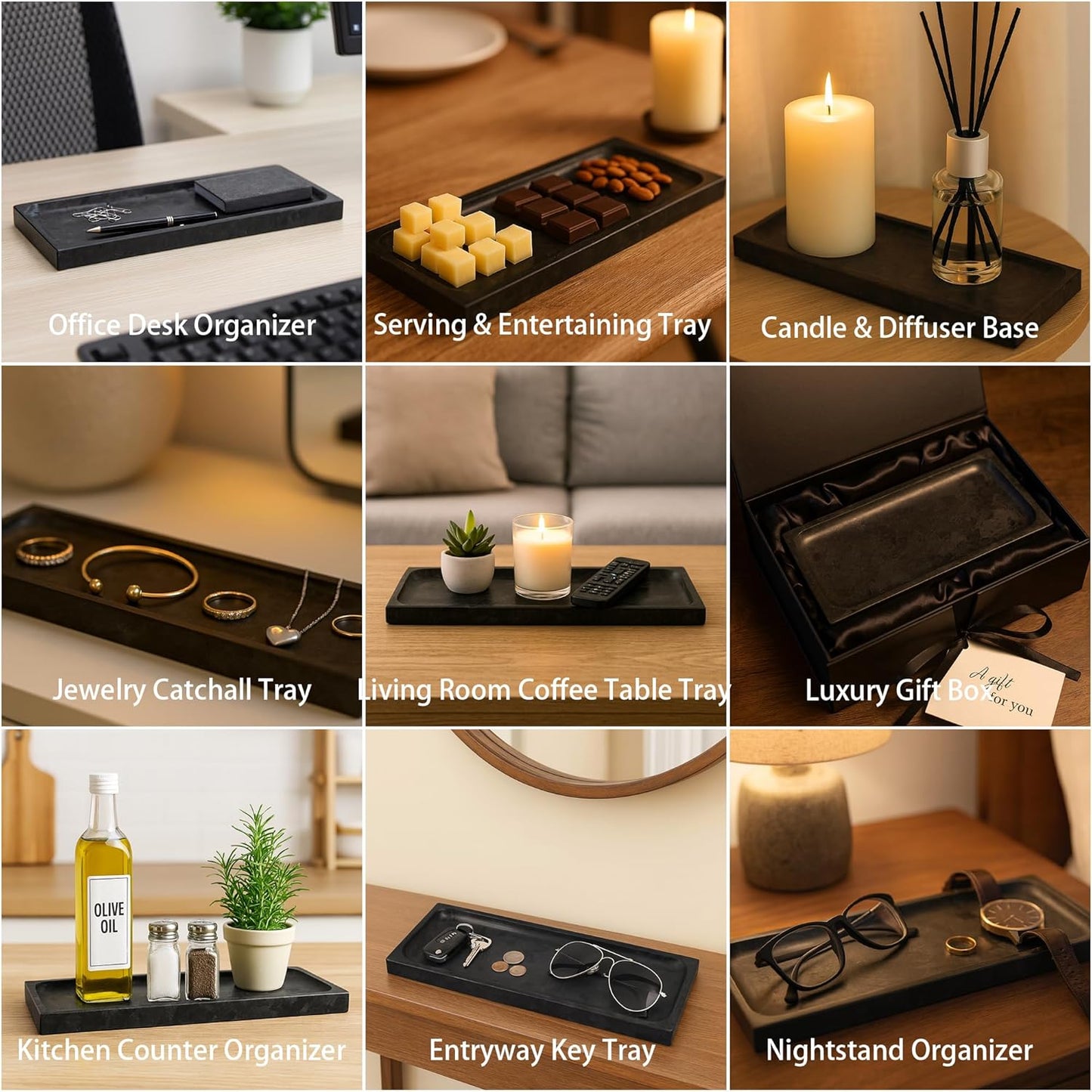 Matte Black Granite Vanity Tray - Natural Stone Rectangular Catchall, 10.6" Decorative Organizer for Bathroom, Entryway, or Desk - Minimalist Display Tray with Unique Veining