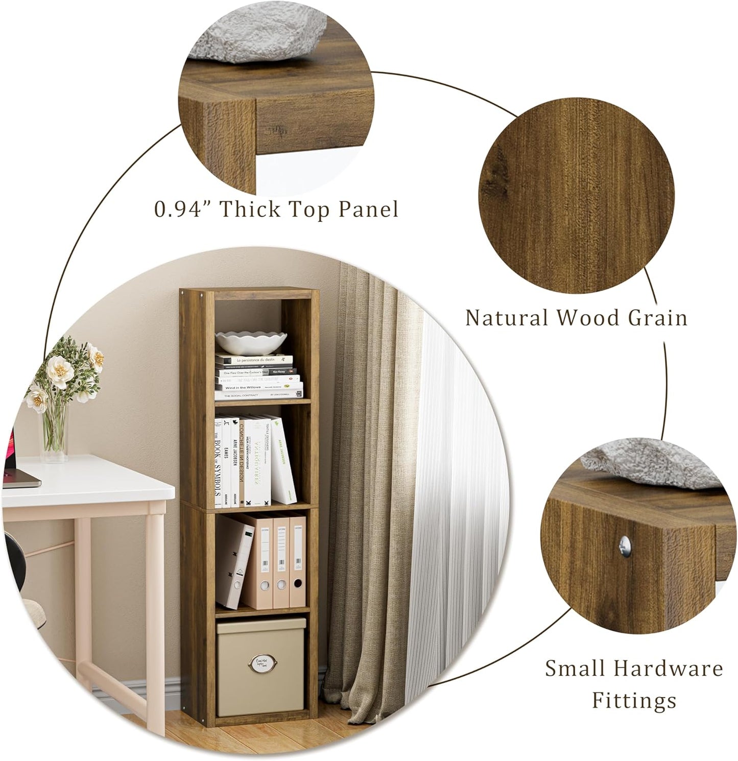 Cube Storage Organizer Bookcase, Small 4 Tier 11 inch Open Back Cubical Shelf with Thickened Border, Display Bookshelf for Living Room, Home Office, Sturdy Room (Brown, 4 Cube,Vertical)