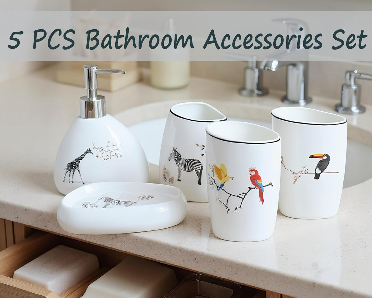 5 Piece Ceramic Bathroom Accessory Set with Animal Pattern, Includes Soap Dispenser, Toothbrush Holder, Soap Dish & 2 Mouthwash Cups, Modern Elegant Countertop Decor for Bathroom Vanity