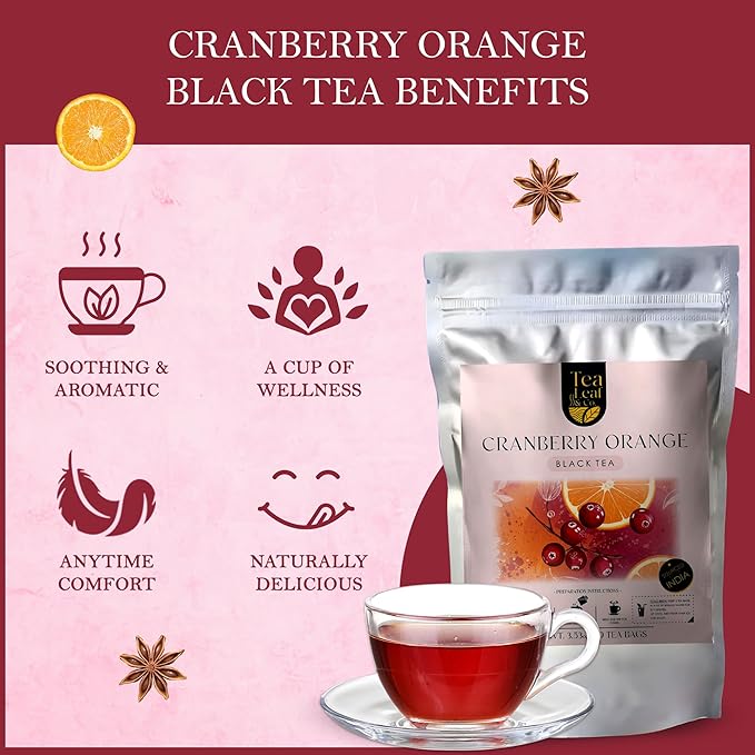 Tealeaf & Co. Cranberry Orange Black Tea Bags Blended with Fresh Herbs and Spices - Organic Black Tea Bags with Orange Peel, Star Anise & Hibiscus - Low Caffeine - Gluten Free - 50 Teabags