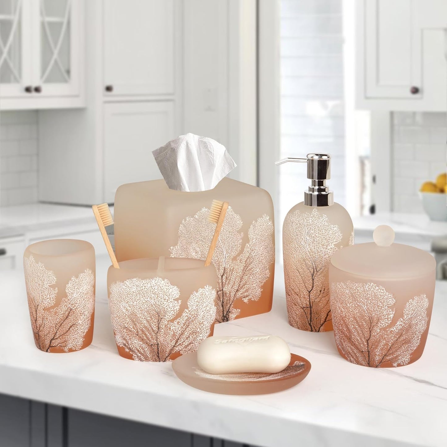 6-Piece Bathroom Accessories Set – Soap Dispenser, Toothbrush Holder, Tumbler, Soap Dish, Cotton Swab Jar & Toilet Brush – Modern Bathroom Decor Set (Carruthers)